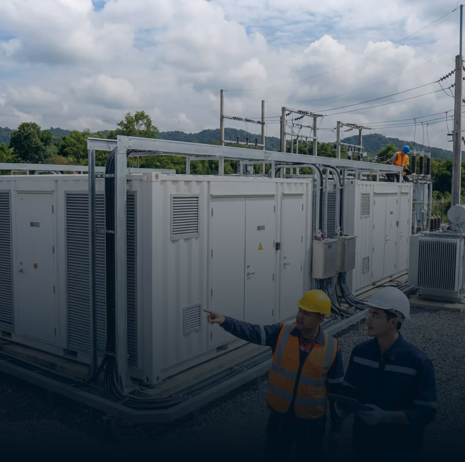Batteriespeicher-Container mit Umspannwerk: Techniker bei der Abnahme